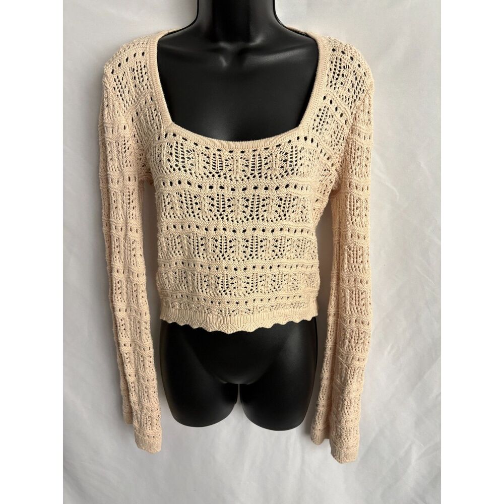 Hollister Co. Cream Crochet Knit Top Long Sleeve Size S Beachy Coastal Bohemian